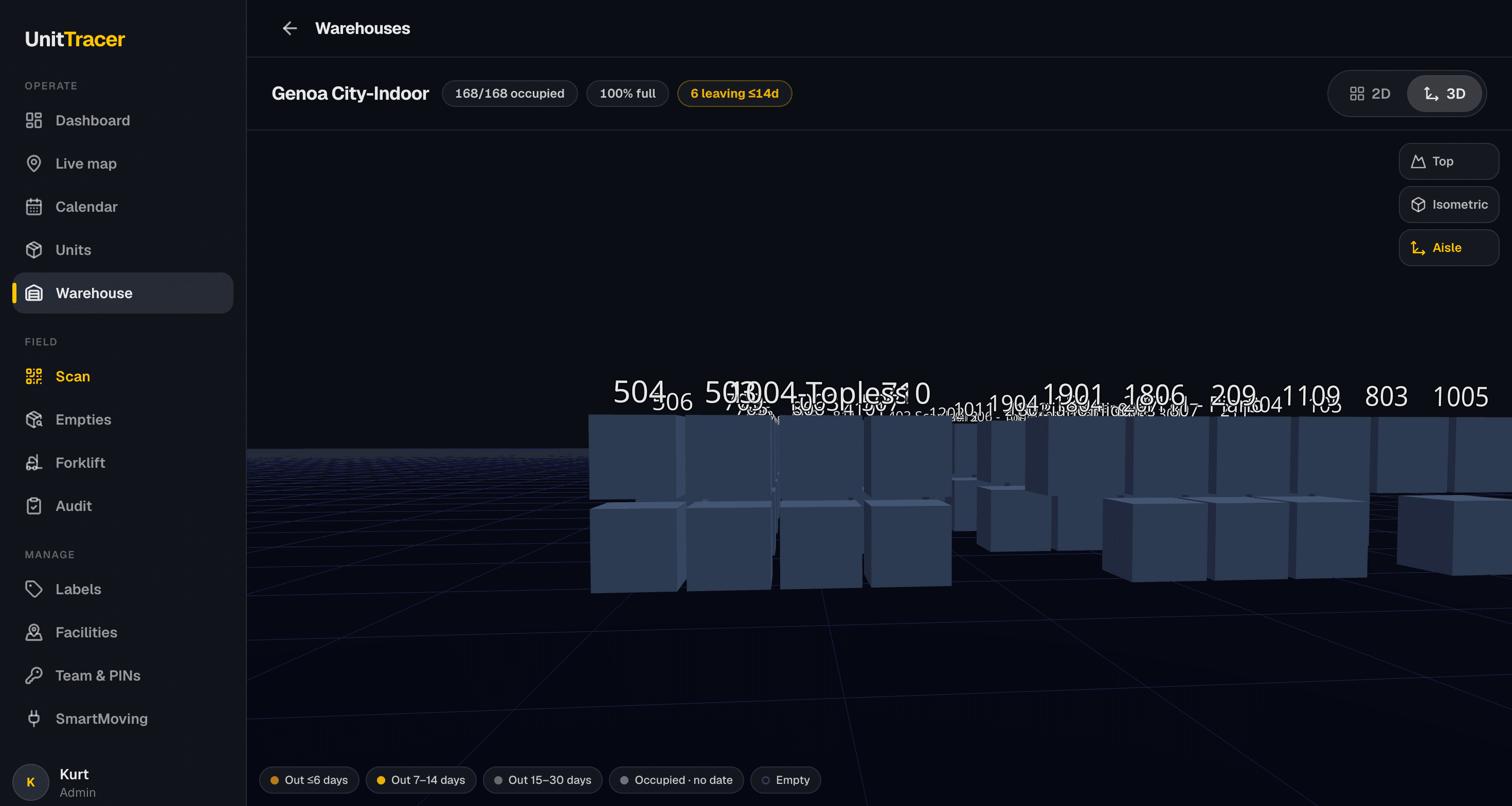 UnitTracer live 3D warehouse viewer showing color-coded storage vaults