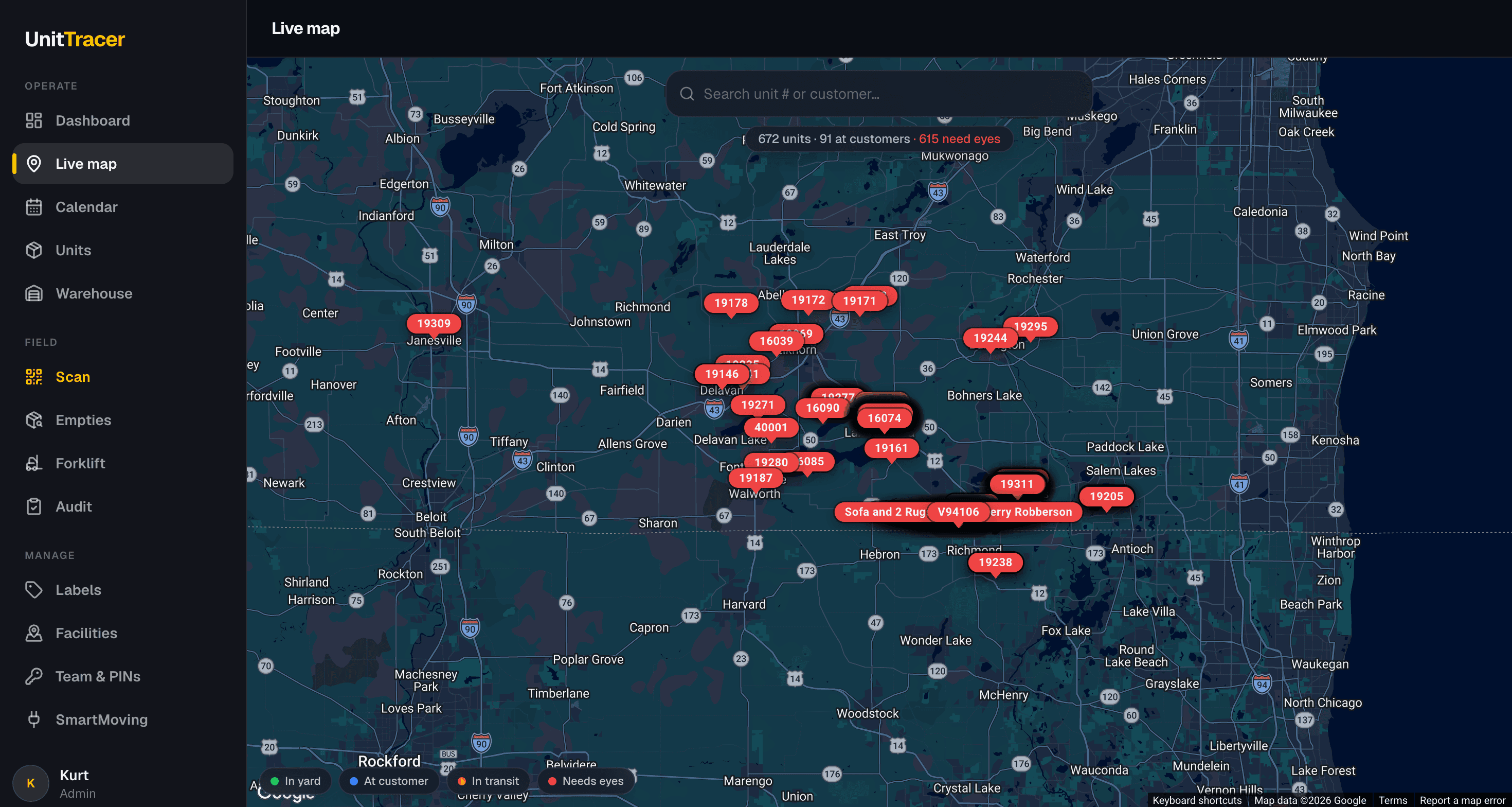 UnitTracer live GPS fleet map with status-colored unit pins
