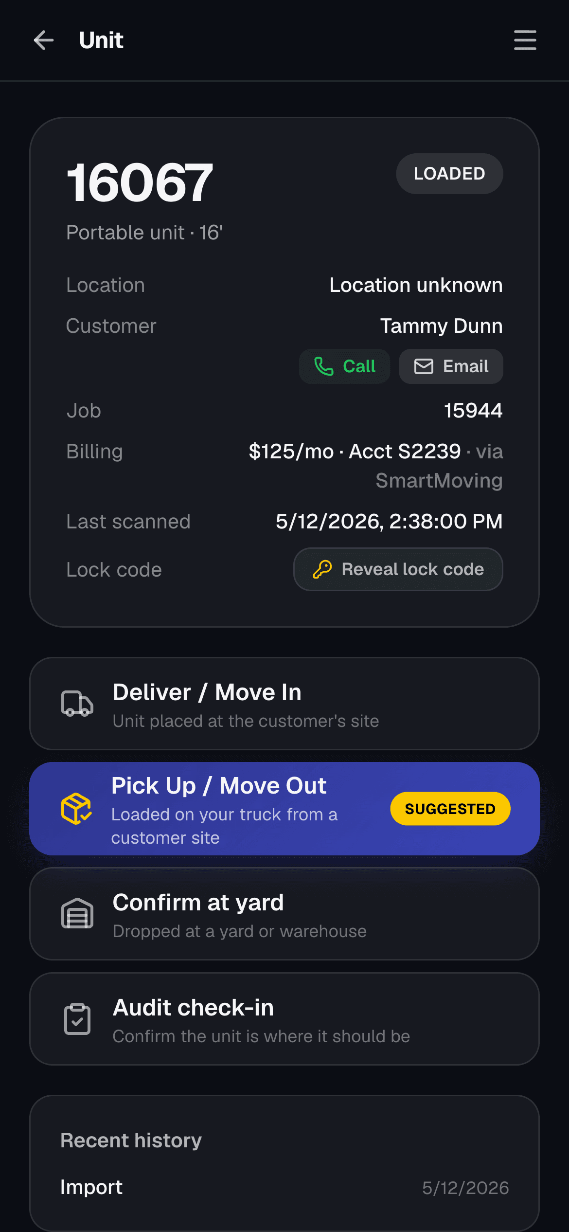 UnitTracer scan-first mobile field app capturing a unit move